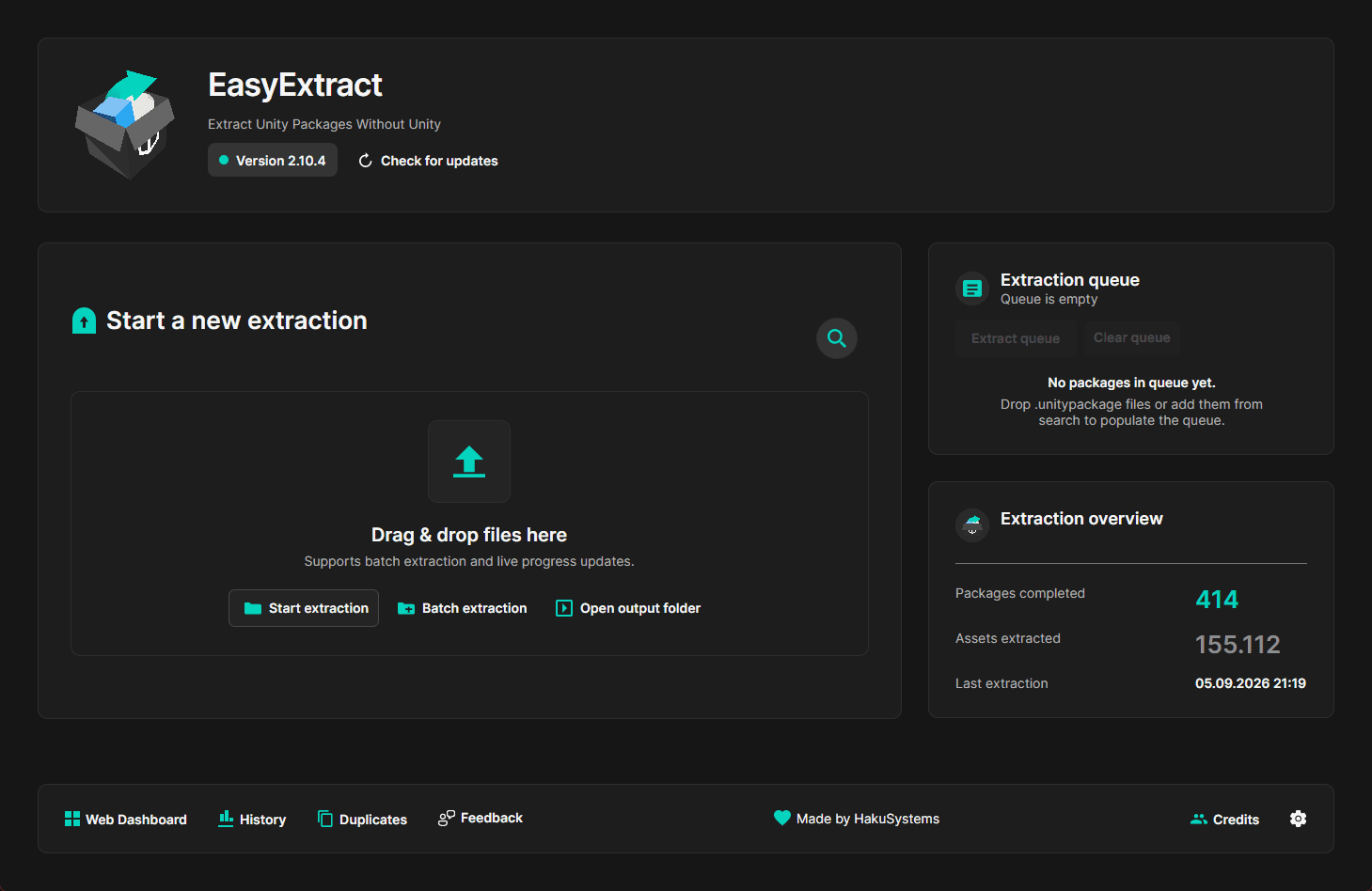 Hauptfenster von EasyExtract mit Extraktions-Warteschlange und Statistik
